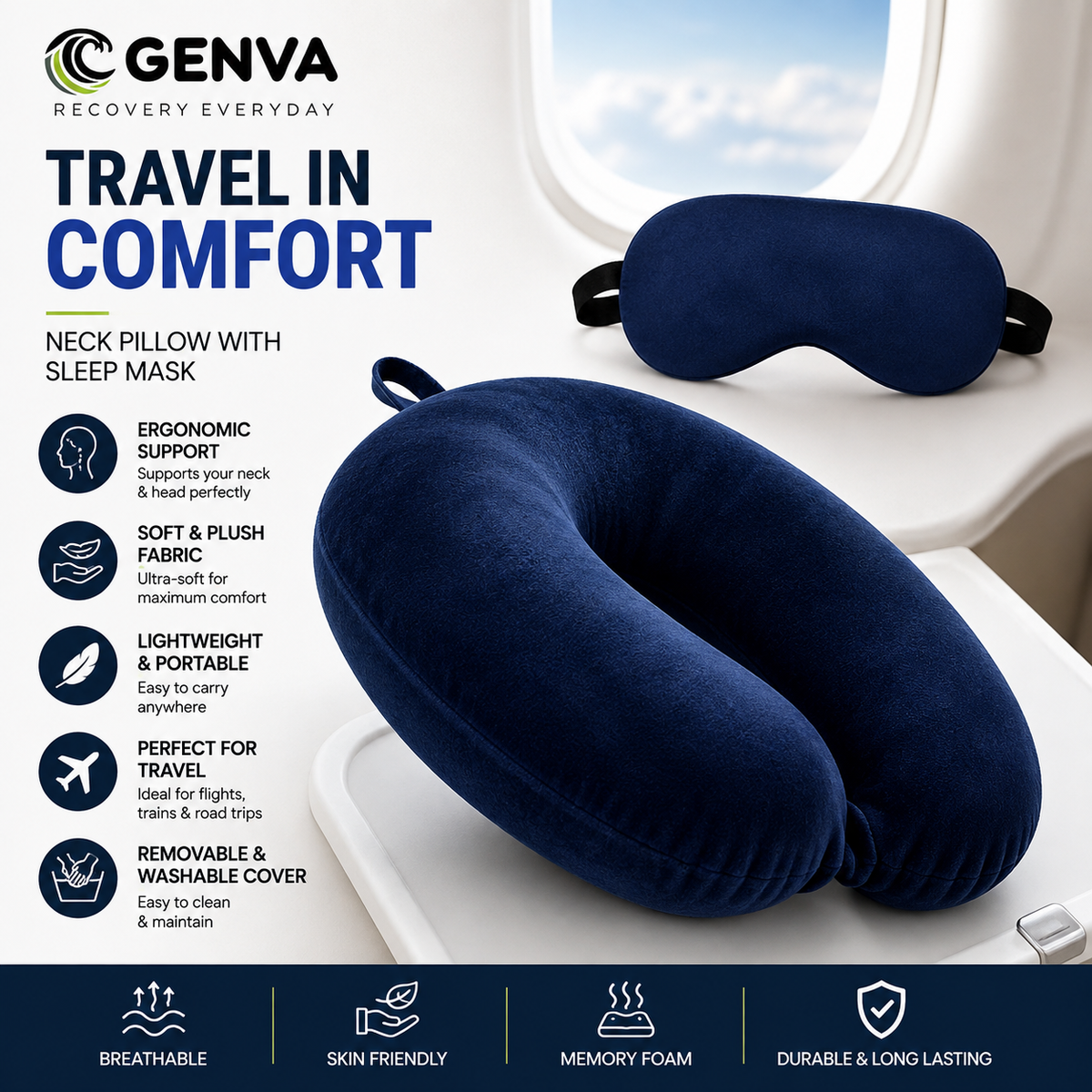 GENVA Memory Foam Travel Neck Pillow & Sleep Mask Set – Ergonomic U-Shaped Support for Comfortable Travel & Better Sleep