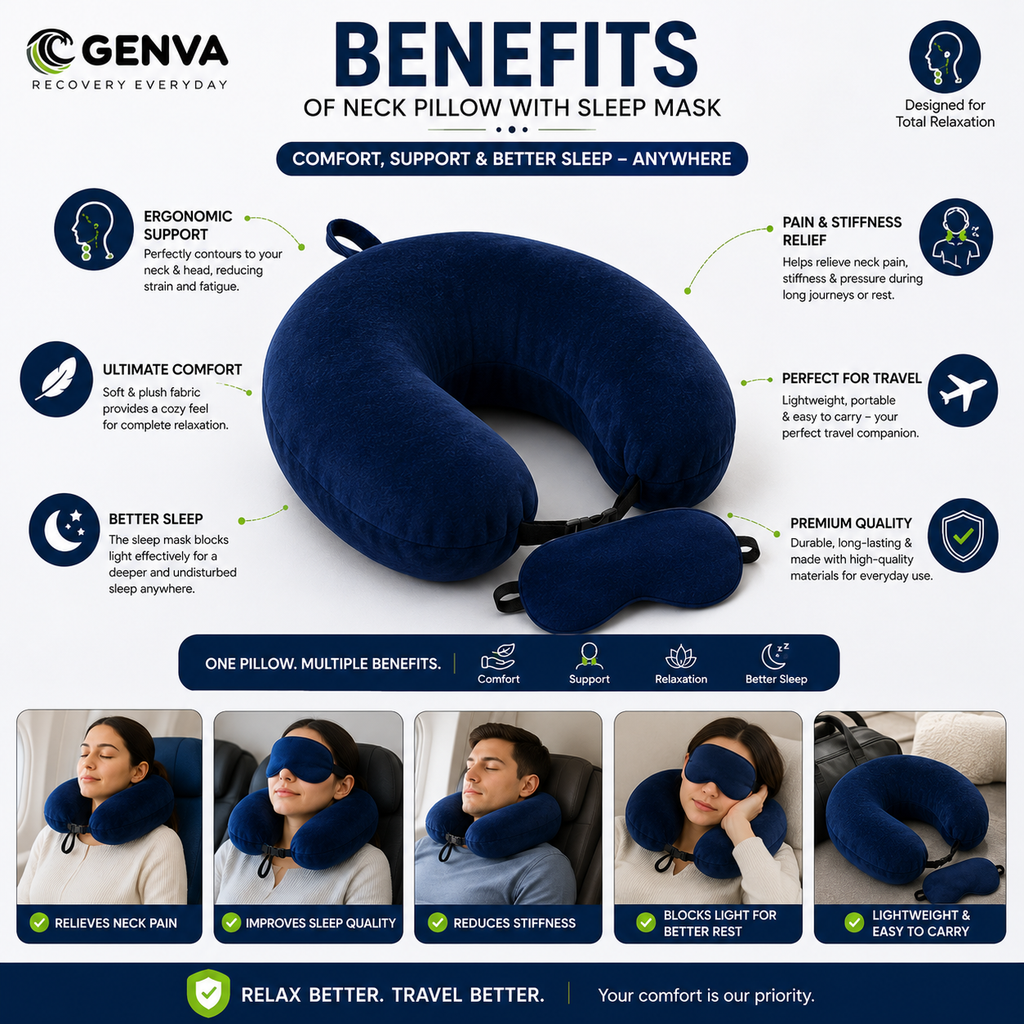 GENVA Memory Foam Travel Neck Pillow & Sleep Mask Set – Ergonomic U-Shaped Support for Comfortable Travel & Better Sleep