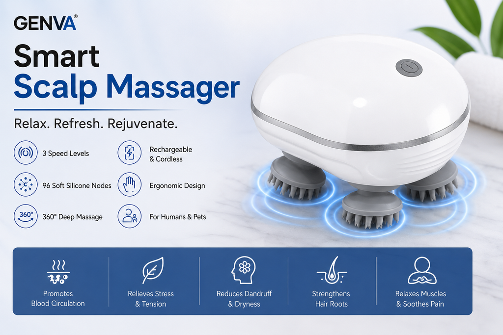 GENVA Smart Scalp Massager – Rechargeable Cordless 360° Head & Body Massage with 3 Speed Levels