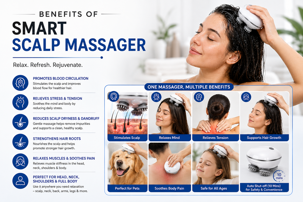 GENVA Smart Scalp Massager – Rechargeable Cordless 360° Head & Body Massage with 3 Speed Levels