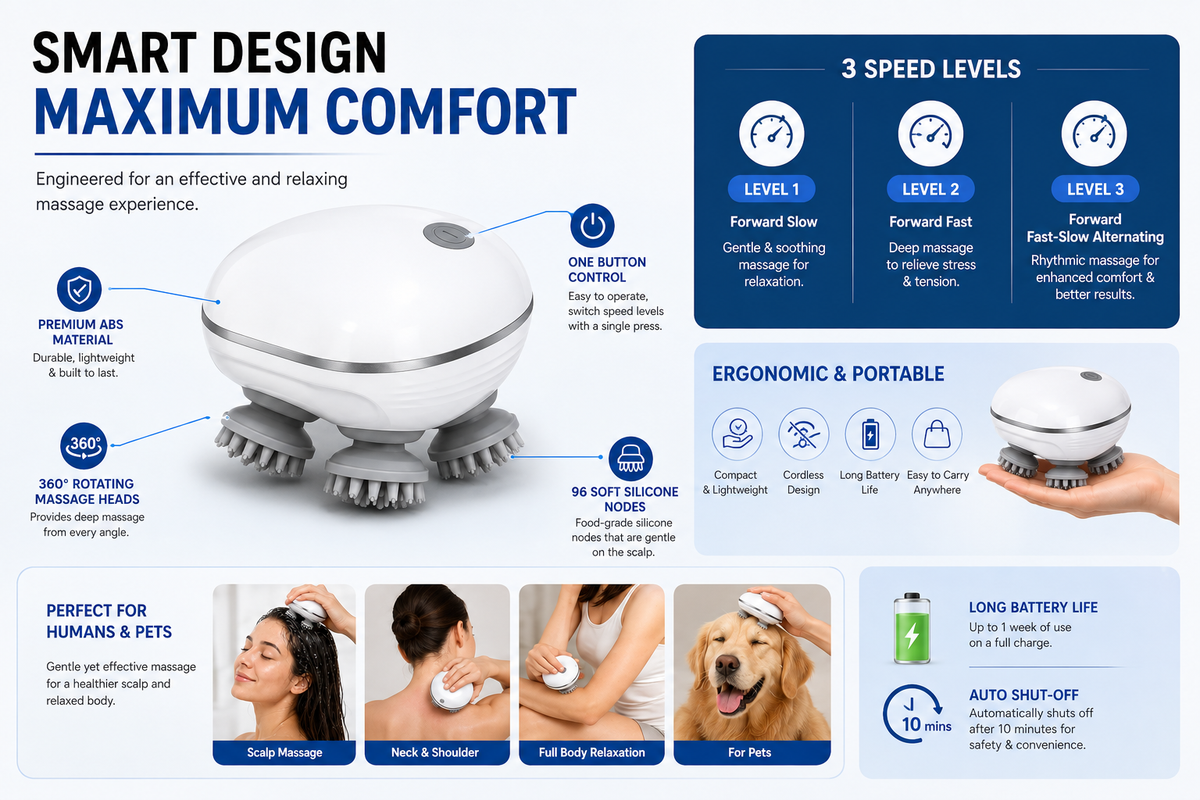 GENVA Smart Scalp Massager – Rechargeable Cordless 360° Head & Body Massage with 3 Speed Levels