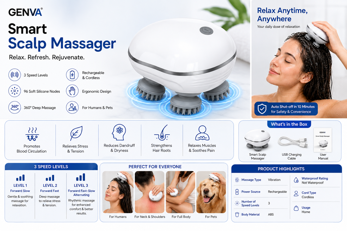 GENVA Smart Scalp Massager – Rechargeable Cordless 360° Head & Body Massage with 3 Speed Levels
