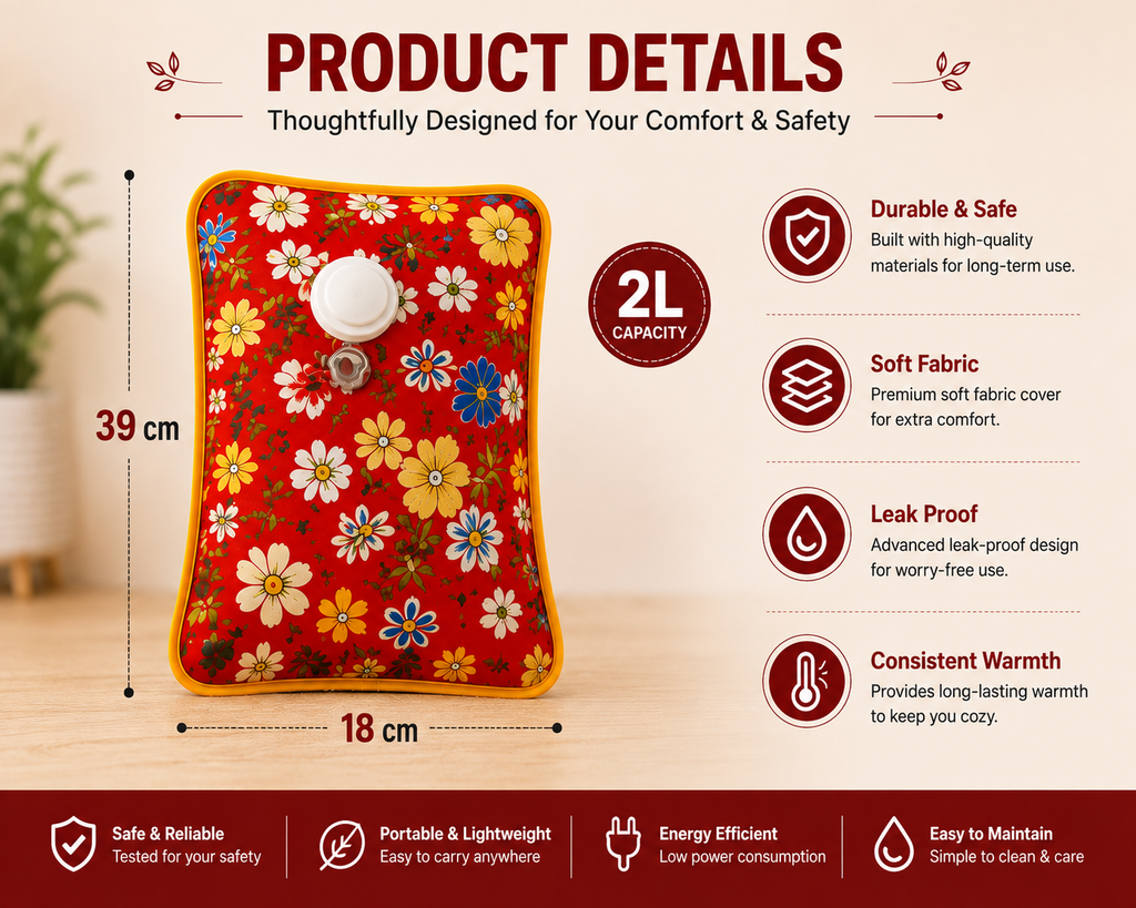 Electric Hot Water Bag 2L | Fast Heating Leak-Proof Heating Pad for Pain Relief & Winter Warmth