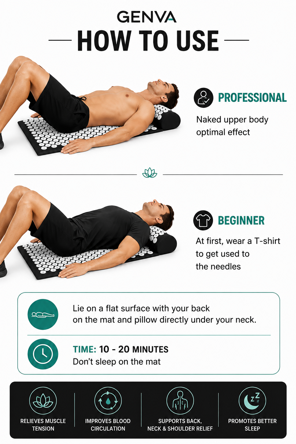 GENVA Acupressure Mat &amp; Pillow Set – Full Body Relaxation &amp; Stress Relief