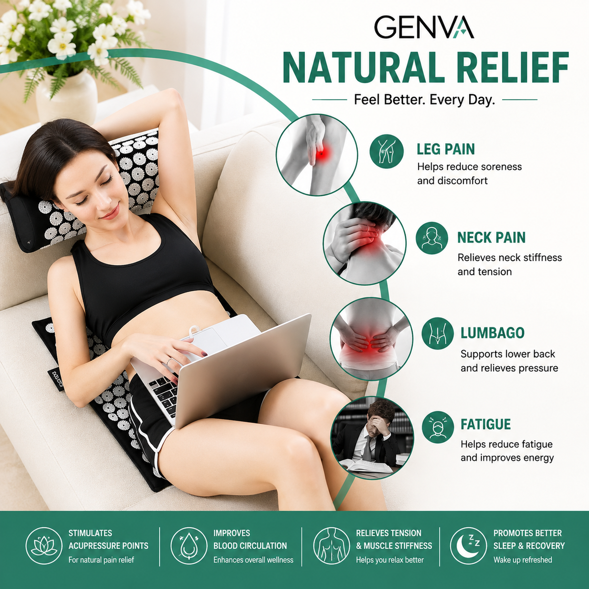 GENVA Acupressure Mat &amp; Pillow Set – Full Body Relaxation &amp; Stress Relief