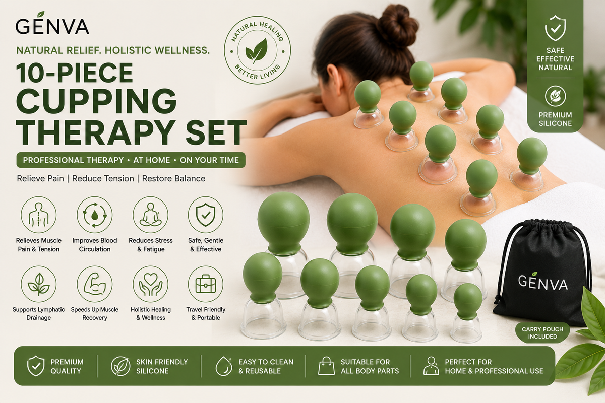 GENVA 10-Piece Silicone Vacuum Cupping Therapy Set | Adjustable Suction Massage Cups for Deep Tissue Recovery, Pain Relief & Muscle Relaxation