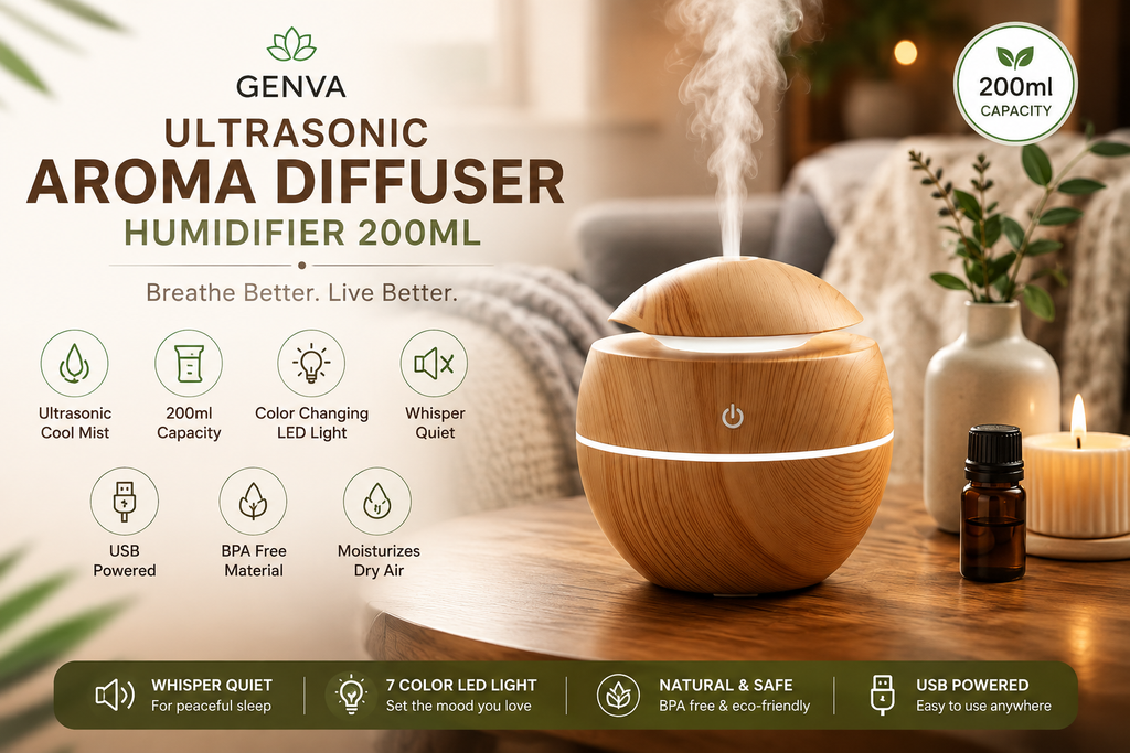 GENVA Ultrasonic Aroma Diffuser Humidifier – 200ml Wood Grain Essential Oil Diffuser with 7-Color LED Light