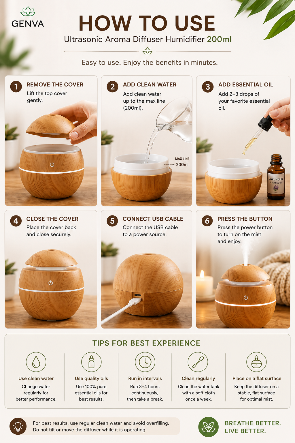 GENVA Ultrasonic Aroma Diffuser Humidifier – 200ml Wood Grain Essential Oil Diffuser with 7-Color LED Light