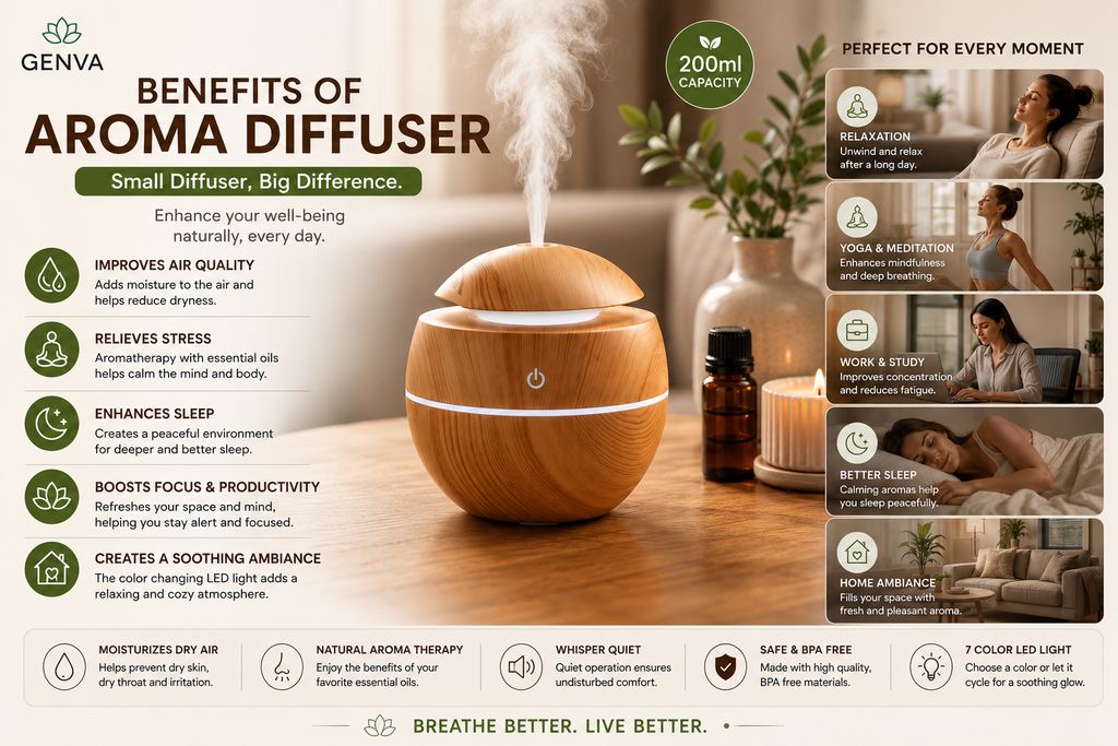 GENVA Ultrasonic Aroma Diffuser Humidifier – 200ml Wood Grain Essential Oil Diffuser with 7-Color LED Light