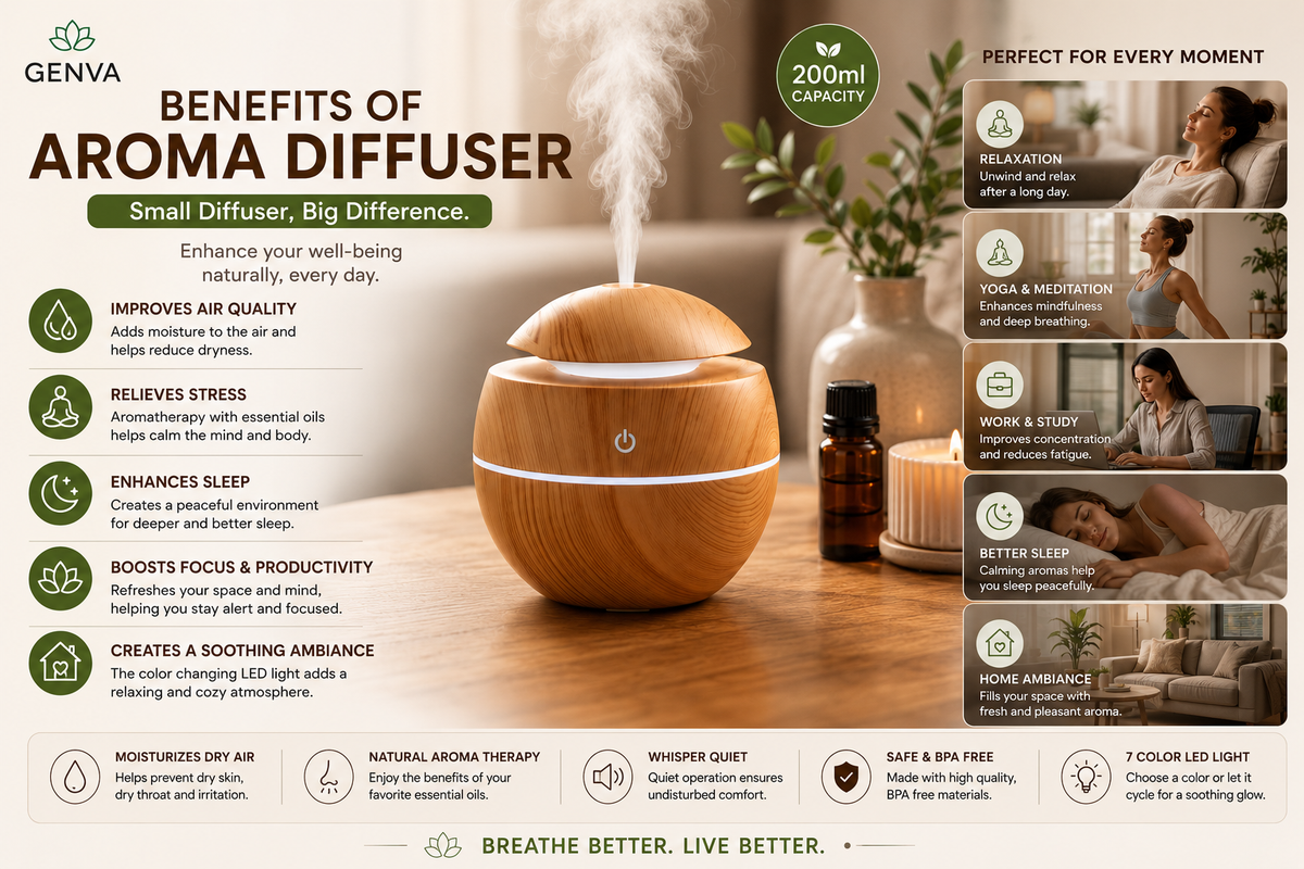 GENVA Ultrasonic Aroma Diffuser Humidifier – 200ml Wood Grain Essential Oil Diffuser with 7-Color LED Light
