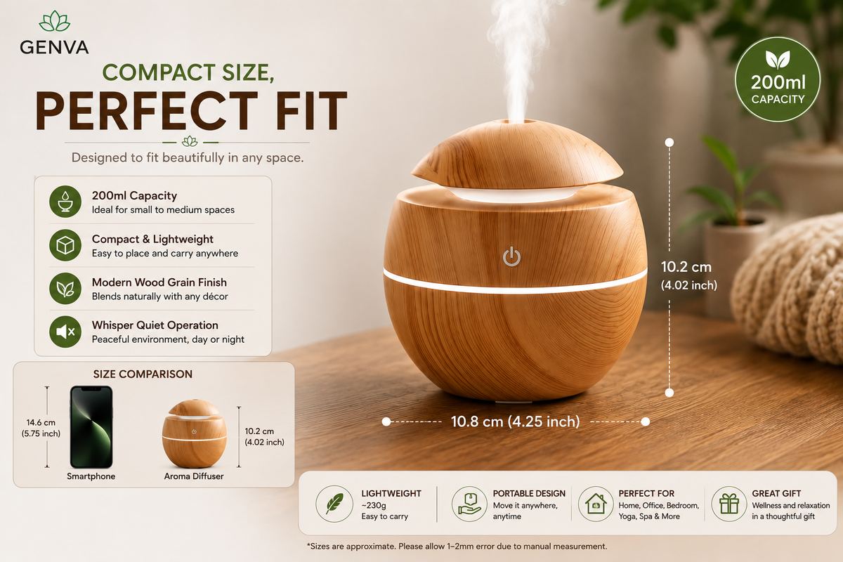GENVA Ultrasonic Aroma Diffuser Humidifier – 200ml Wood Grain Essential Oil Diffuser with 7-Color LED Light