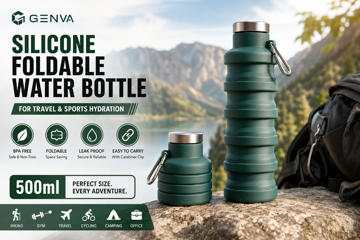 GENVA 500ml Silicone Foldable Water Bottle with Carabiner – Leak-Proof Collapsible Travel & Sports Water Bottle