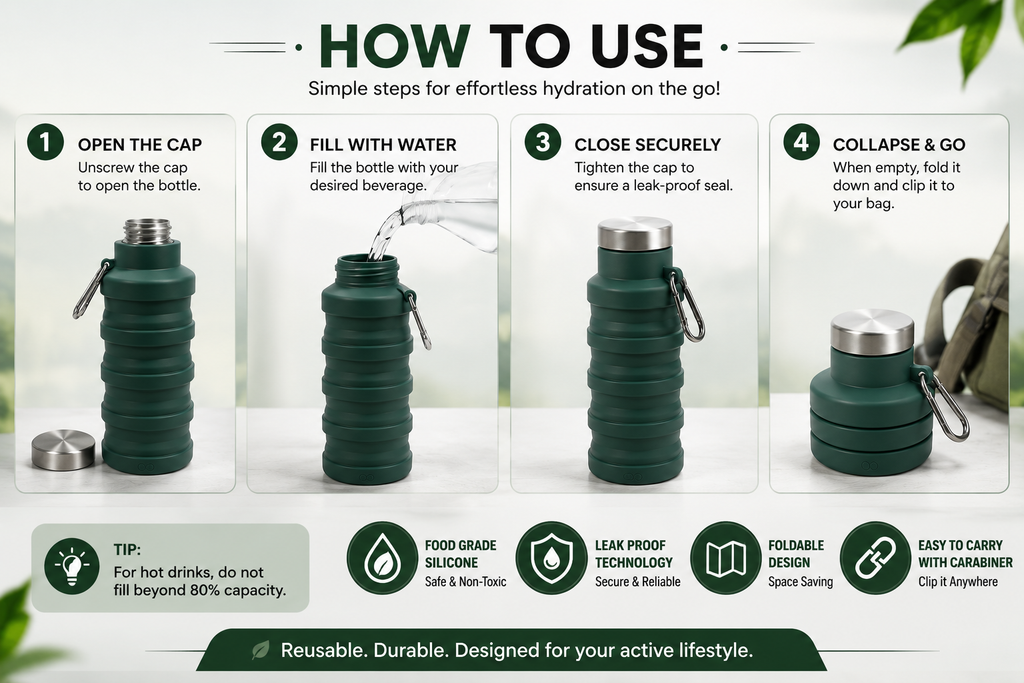 GENVA 500ml Silicone Foldable Water Bottle with Carabiner – Leak-Proof Collapsible Travel & Sports Water Bottle