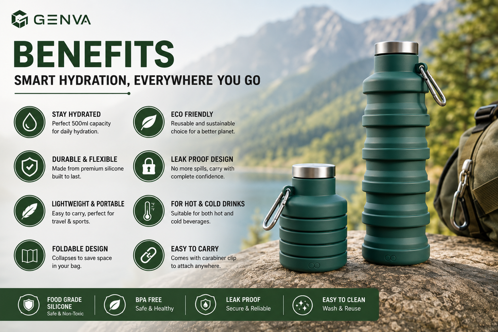 GENVA 500ml Silicone Foldable Water Bottle with Carabiner – Leak-Proof Collapsible Travel & Sports Water Bottle