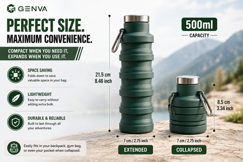 GENVA 500ml Silicone Foldable Water Bottle with Carabiner – Leak-Proof Collapsible Travel & Sports Water Bottle