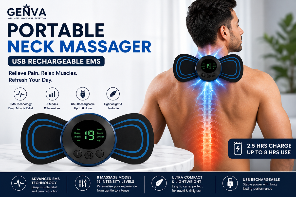 GENVA Portable Neck Massager – USB Rechargeable EMS Muscle Stimulator with 8 Modes & 19 Intensity Levels