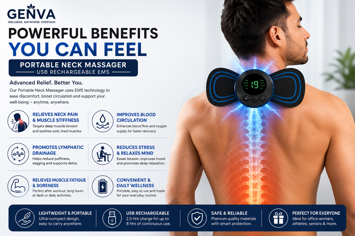 GENVA Portable Neck Massager – USB Rechargeable EMS Muscle Stimulator with 8 Modes & 19 Intensity Levels