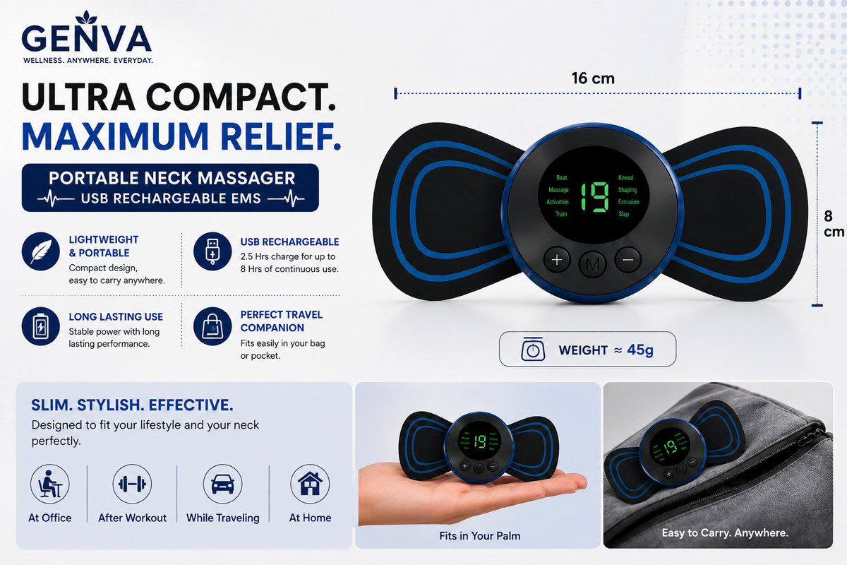GENVA Portable Neck Massager – USB Rechargeable EMS Muscle Stimulator with 8 Modes & 19 Intensity Levels