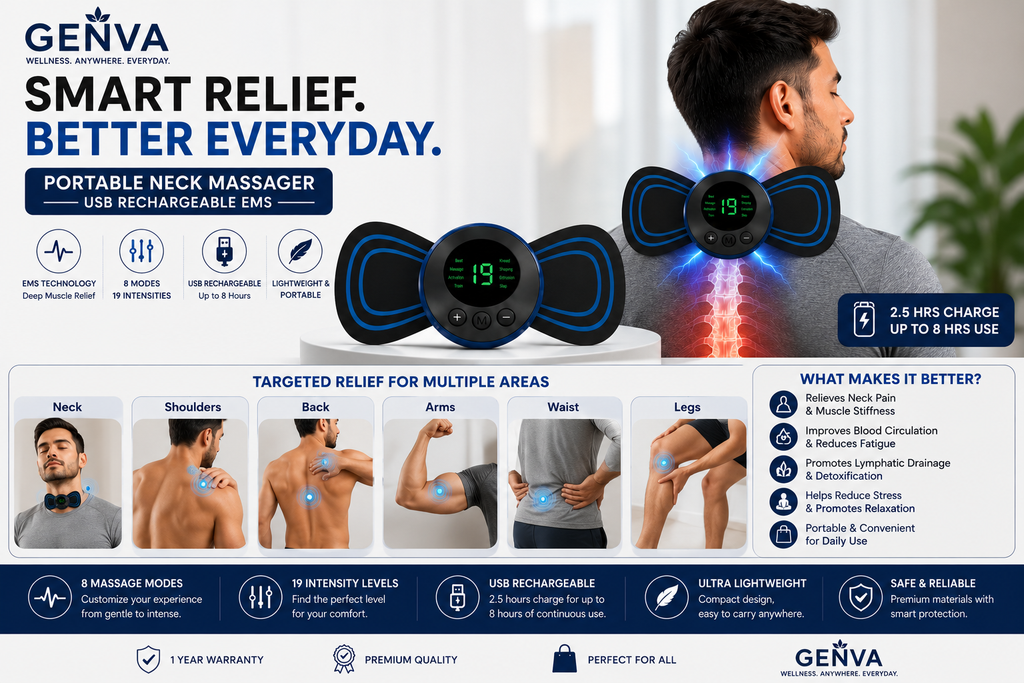 GENVA Portable Neck Massager – USB Rechargeable EMS Muscle Stimulator with 8 Modes & 19 Intensity Levels