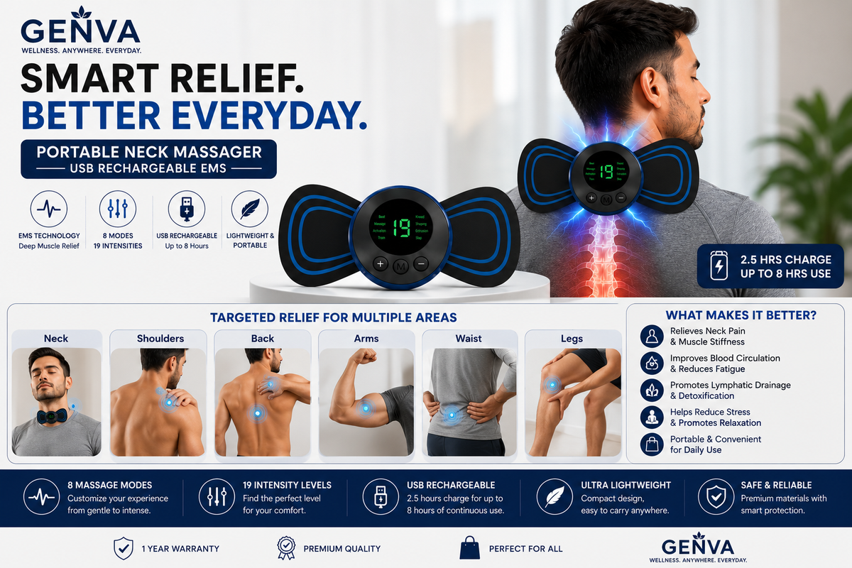 GENVA Portable Neck Massager – USB Rechargeable EMS Muscle Stimulator with 8 Modes & 19 Intensity Levels
