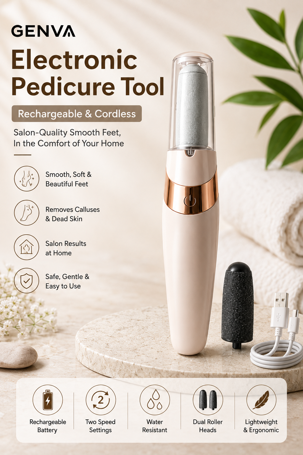 GENVA Electric Foot Callus Remover – Rechargeable Cordless Electronic Pedicure Tool with Dual Roller Heads & 2-Speed Control