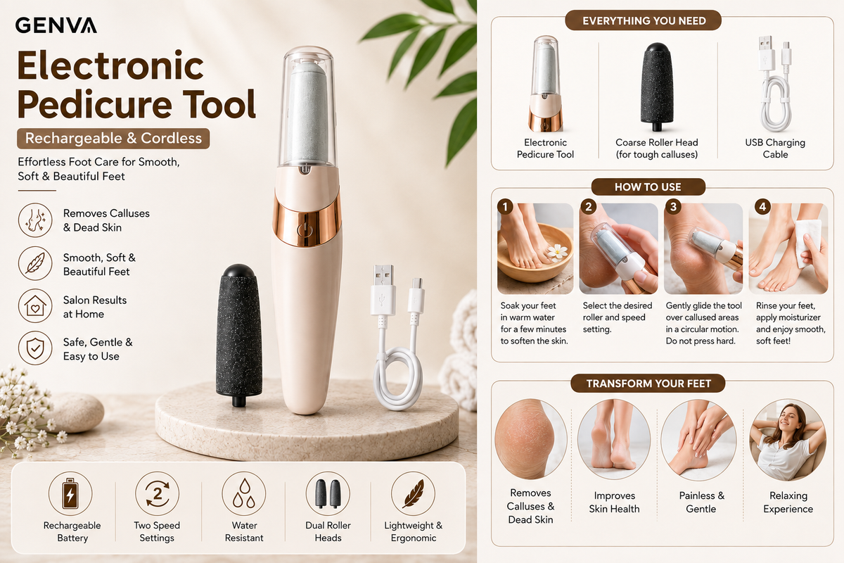 GENVA Electric Foot Callus Remover – Rechargeable Cordless Electronic Pedicure Tool with Dual Roller Heads & 2-Speed Control