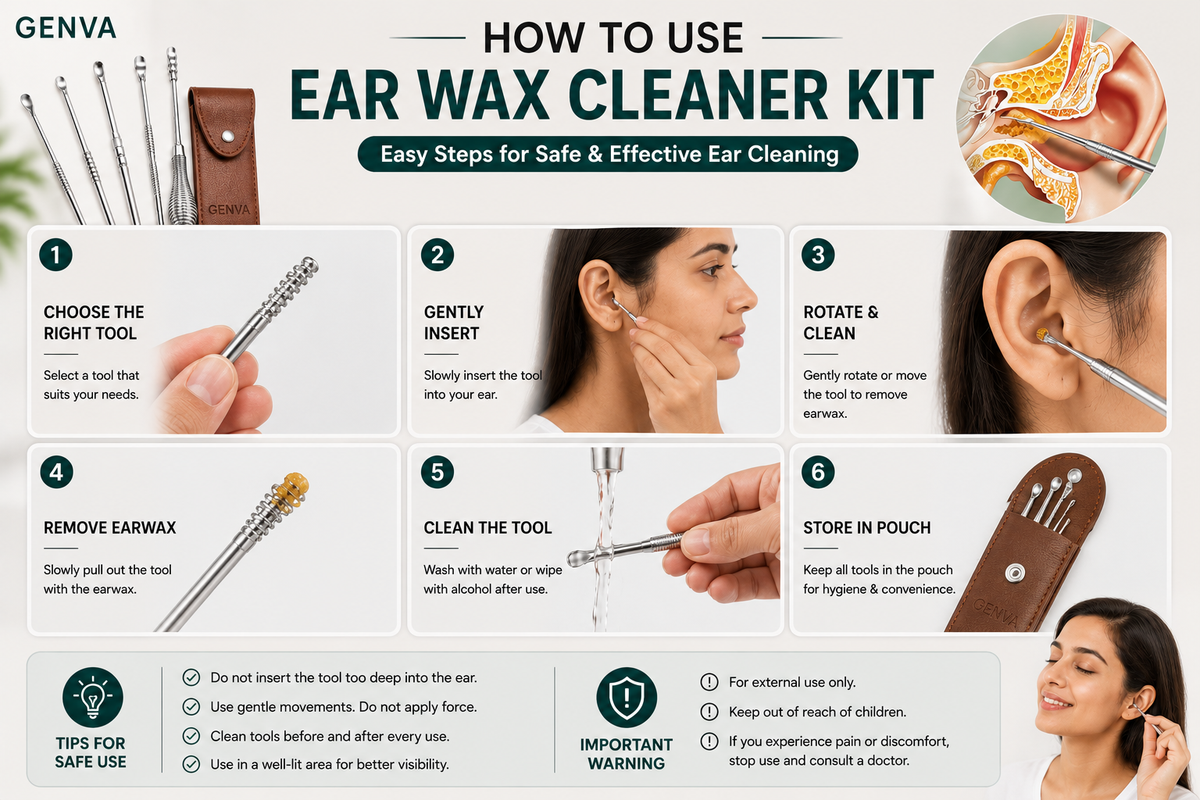 GENVA Ear Wax Cleaner Kit – 6-in-1 Reusable Stainless Steel Ear Cleaning Tools with Travel Pouch