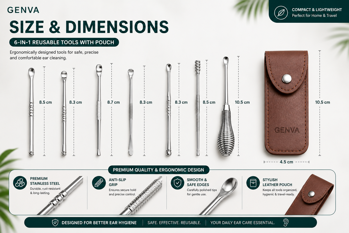 GENVA Ear Wax Cleaner Kit – 6-in-1 Reusable Stainless Steel Ear Cleaning Tools with Travel Pouch