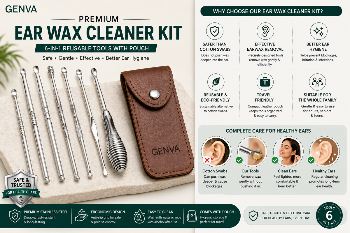GENVA Ear Wax Cleaner Kit – 6-in-1 Reusable Stainless Steel Ear Cleaning Tools with Travel Pouch