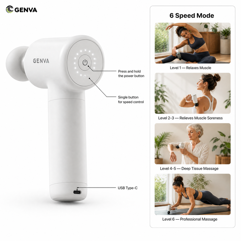 Genva Gun Massager, 4 Heads, 6 Speed, Rechargeable, Handheld, Deep Tissue Muscle Massager for Full Body Relief, Muscle Relaxation of Neck, Shoulder, Back, Foot for Men & Women, White