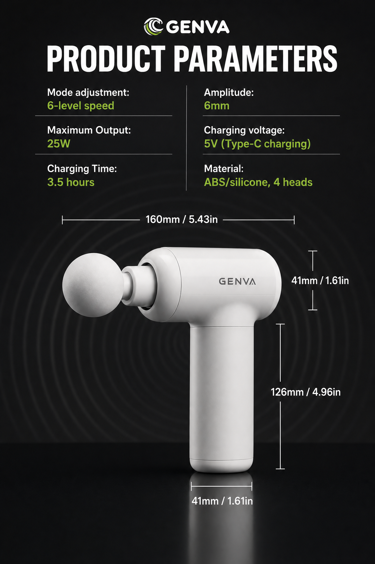 Genva Gun Massager, 4 Heads, 6 Speed, Rechargeable, Handheld, Deep Tissue Muscle Massager for Full Body Relief, Muscle Relaxation of Neck, Shoulder, Back, Foot for Men & Women, White