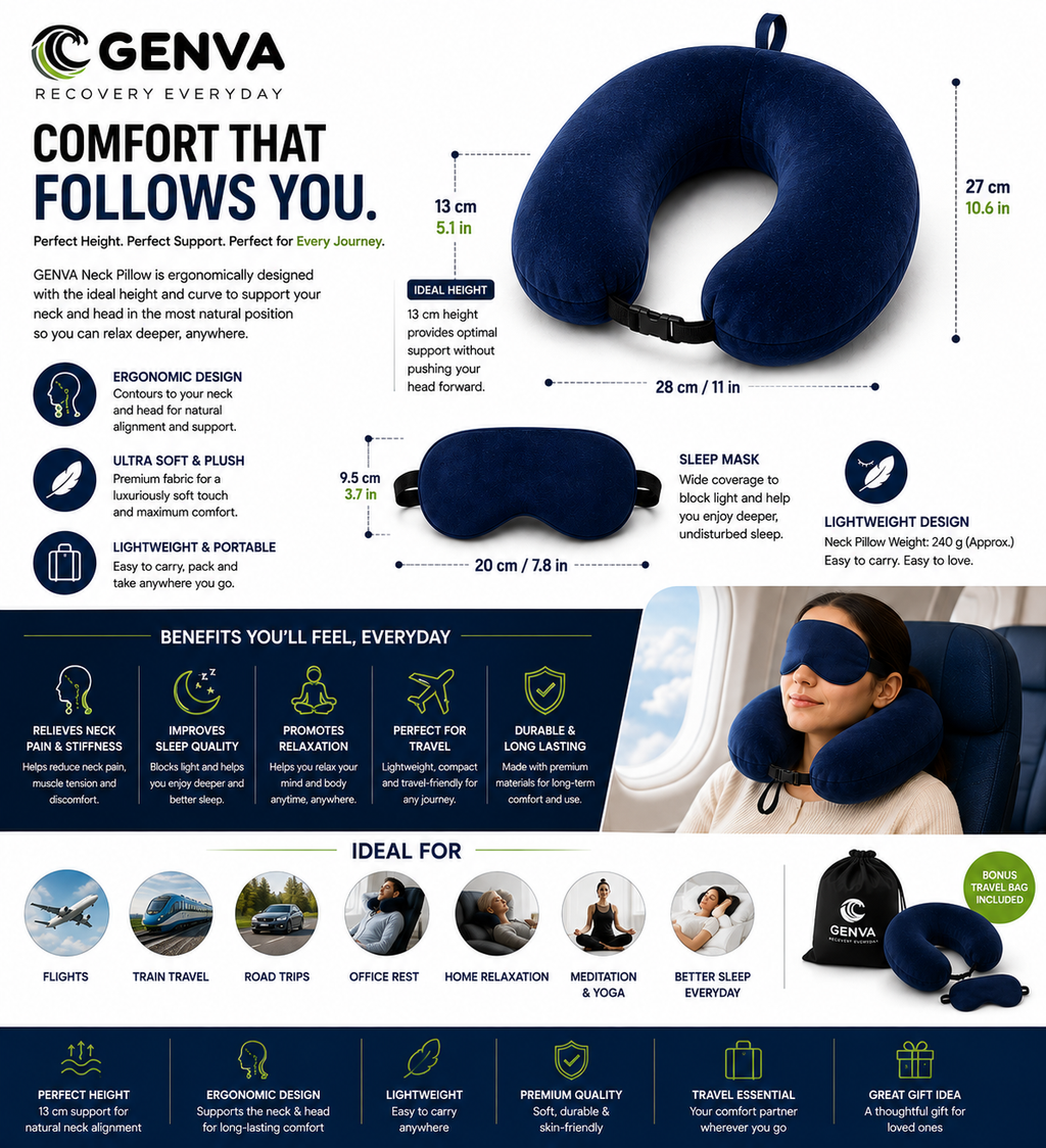 GENVA Memory Foam Travel Neck Pillow & Sleep Mask Set – Ergonomic U-Shaped Support for Comfortable Travel & Better Sleep