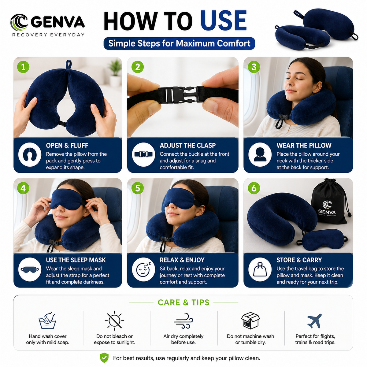 GENVA Memory Foam Travel Neck Pillow & Sleep Mask Set – Ergonomic U-Shaped Support for Comfortable Travel & Better Sleep